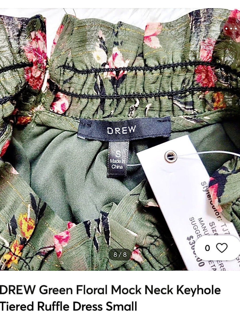 DREW Olive Green Floral Ruffle Mock Neck Dress